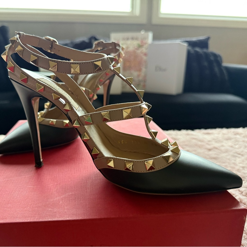 Valentino Black and Gold Studded Heels with box and dustbag